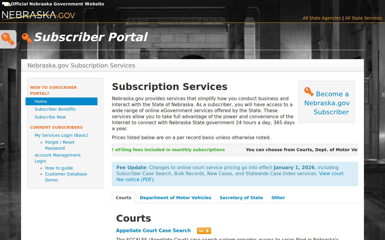 Pierce County case search Nebraska subscriber portal information