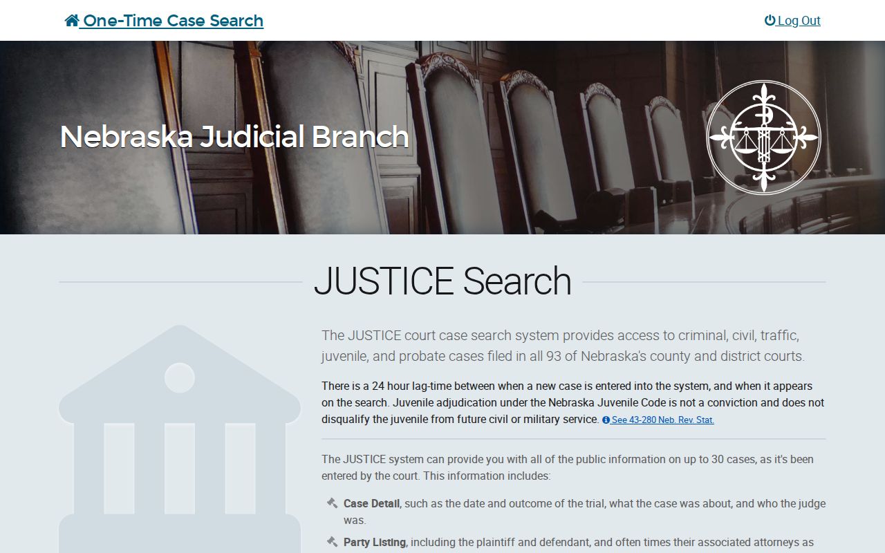 Pierce County case search Nebraska JUSTICE One-Time Search screen