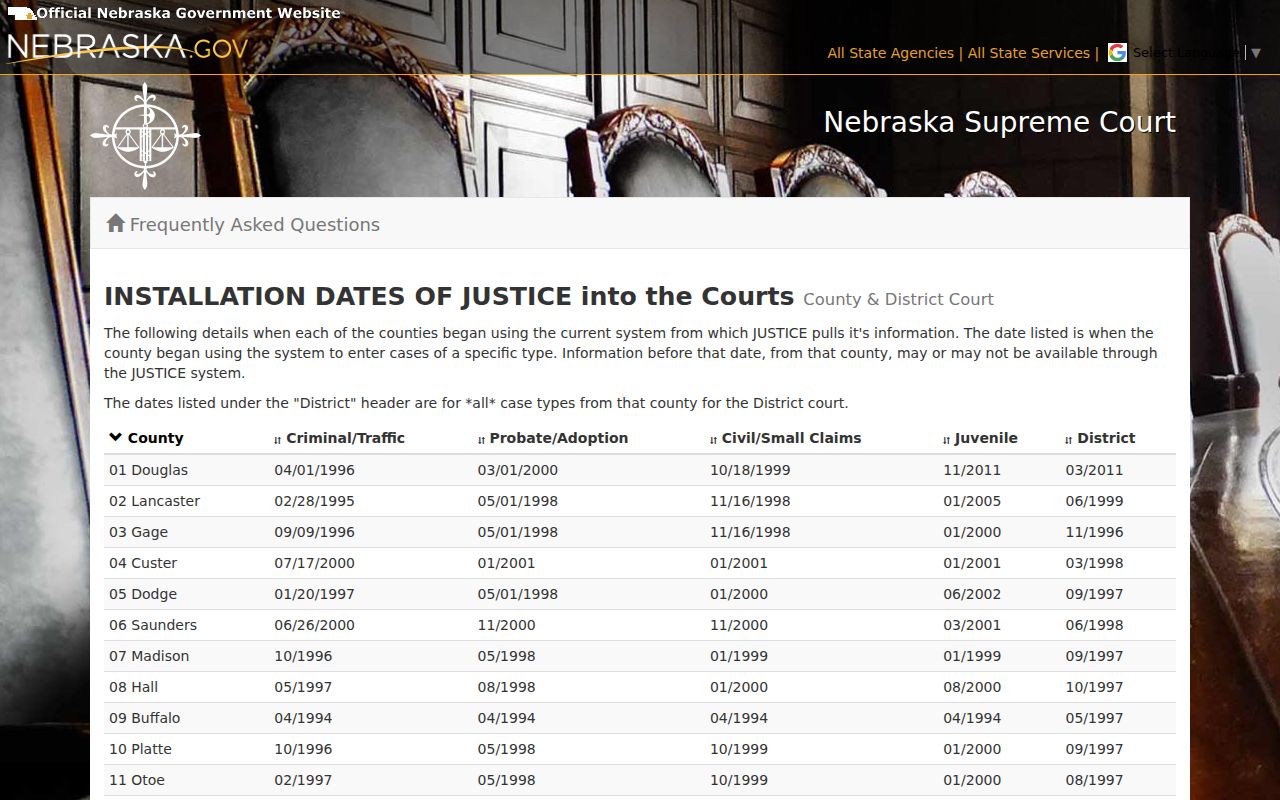 Pierce County case search Nebraska JUSTICE installation dates