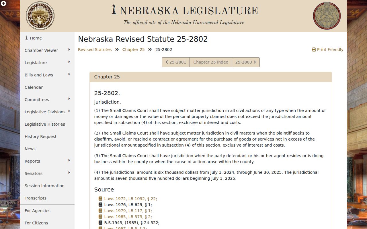 Pierce County civil dockets Nebraska small claims jurisdiction statute