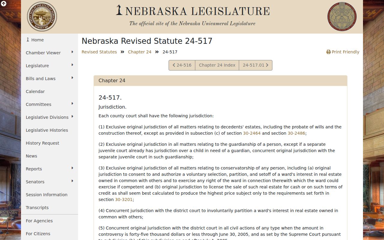 Pierce County civil dockets Nebraska county court jurisdiction statute