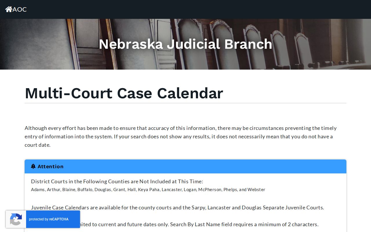 Pierce County court calendar Nebraska Multi-Court Case Calendar search controls
