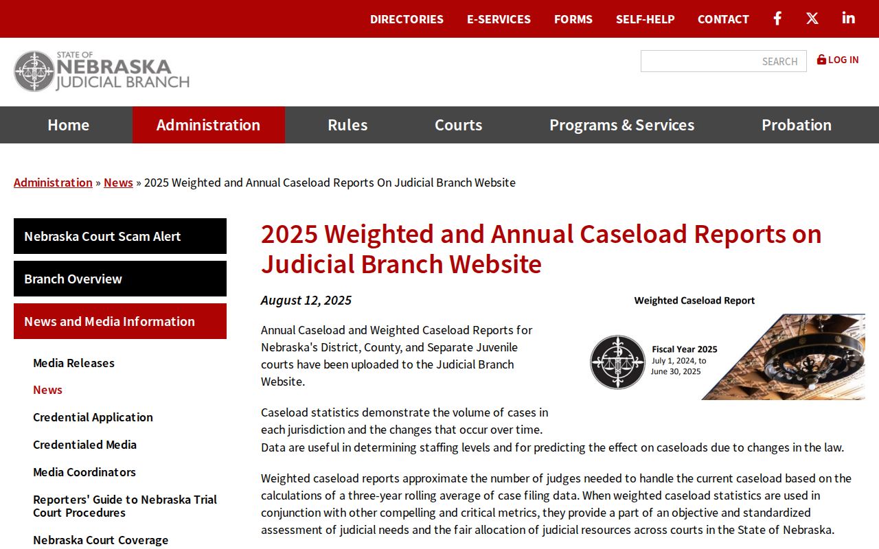 Pierce County court calendar Nebraska caseload report publication notice