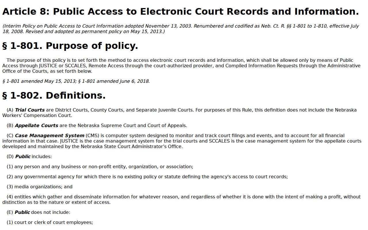 Pierce County court records Nebraska Article 8 public access rules