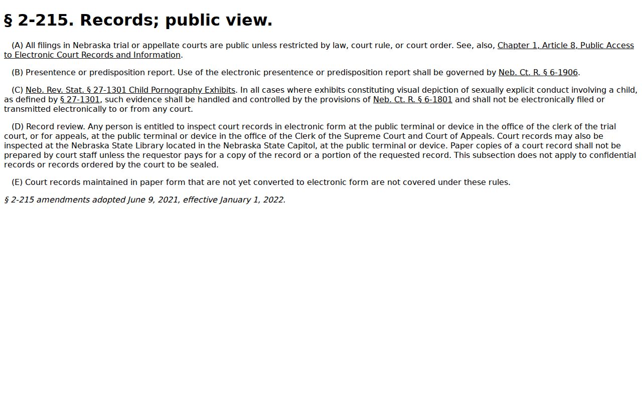 Pierce County court records Nebraska Court Rule 2-215 filing access