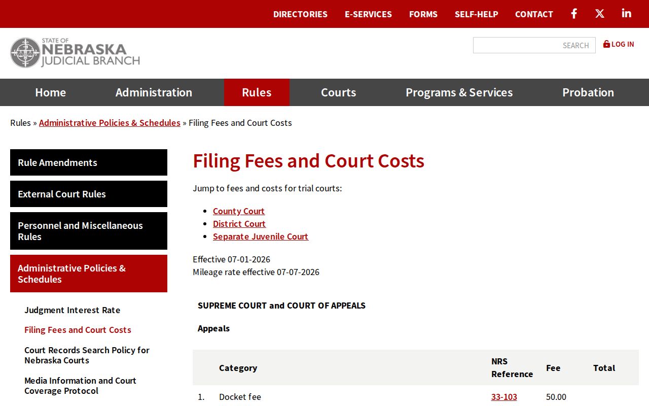Pierce County court records Nebraska filing fees and court costs