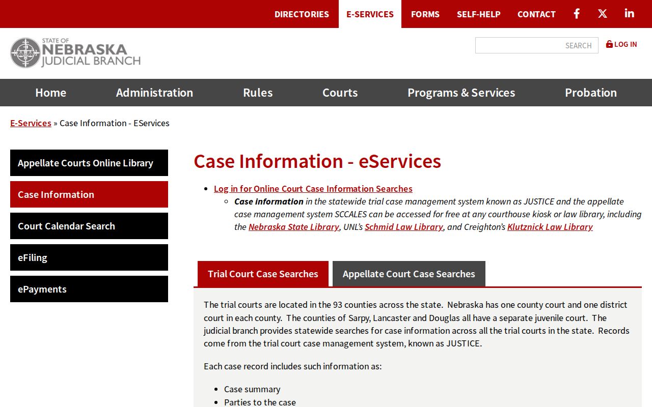 Pierce County criminal dockets Nebraska Judicial Branch case information services