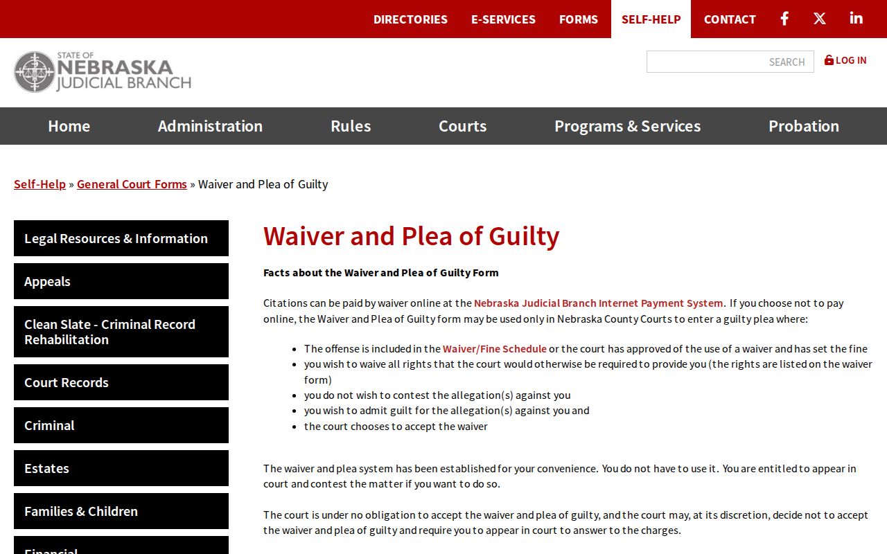 Pierce County traffic court records Nebraska waiver and plea form